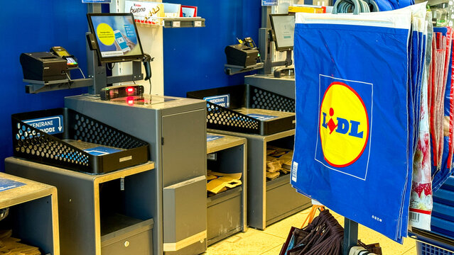 Lidl checkout area with bright store lighting and neat self checkout bays, ideal for retail editorial, marketing and social media content, 5 May 2026 Subitica, Serbia