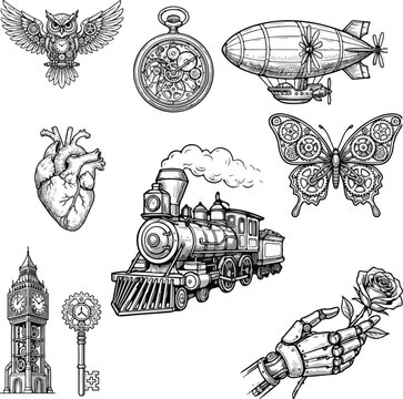 Set of vintage steampunk mechanical elements, steam locomotive, and fantasy sketches, vector illustration