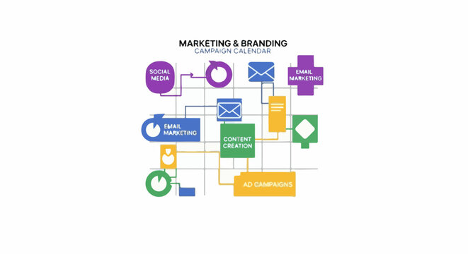 Marketing and branding campaign calendar with various icons and text boxes