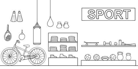 Sport shop interior store graphic interior black white sketch illustration vector  © aluna1