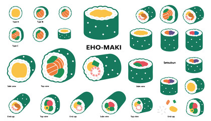 Illustration of eho-maki sushi rolls with various ingredients set for setsubun holiday. © Sorna Moni