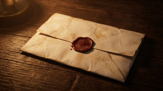 Old parchment envelope sealed with red wax on wooden table for historical mystery themes.