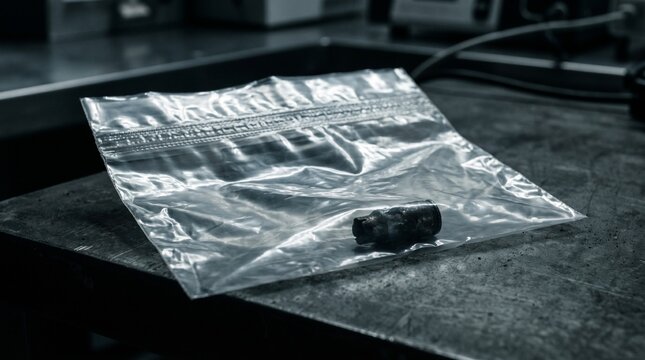 Evidence bag containing a recovered bullet casing on a dark metal examination table.