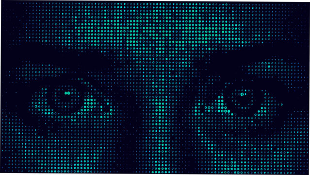 Dot matrix world map teal and dark blue color scheme