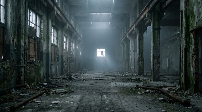 Empty abandoned industrial factory interior with broken windows and dark dusty atmosphere.