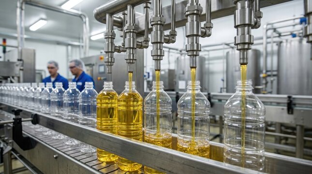 edible oil bottling production line, Plastic bottles move along automated filling line in food factory. Stainless steel machinery dispenses cooking oil into containers. Realistic photography. Manufact