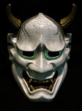 Japanese Hannya mask, pale white porcelain finish, curved golden horns, hollow eyes with green glow