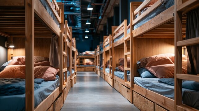Cozy Hostel Interior with Rows of Bunk Beds and Soft Bedding in a Modern Setting