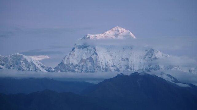 Himalaya Mountains at Night in Nepal, Snowy Snow Covered Mountain Scenery in Dark Blue Hour Landscape, Snowcapped Mountains Summit in Nepal at Poon Hill Viewpoint in Annapurna Region
