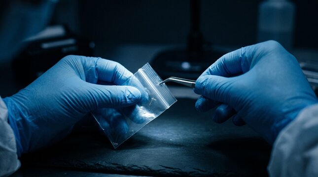 Forensic scientist examining evidence in small plastic bag with tweezers.