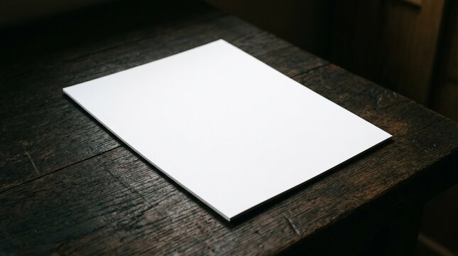Blank white paper sheet on dark aged wooden table top with soft natural side light shadow.