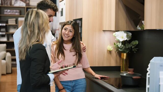 Couple choosing new kitchen furniture with saleswoman