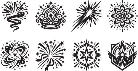 Festive firework bursts and ornate crown element set with magic star trails vector illustration © Syed Radif