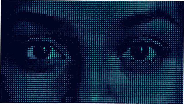 Teal colored dot matrix representation of letters forming a word digital style