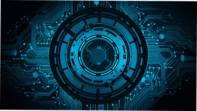 Central mechanical lens with circuit board pattern illuminated in shades of blue