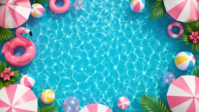 Swimming pool with beach balls, umbrellas and flamingo floats, summer background.