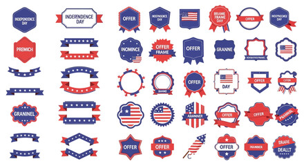 Fototapeta premium Patriotic badges, American flags, red white blue labels, 40 vector icons isolated on White Background USA, Editable EPS