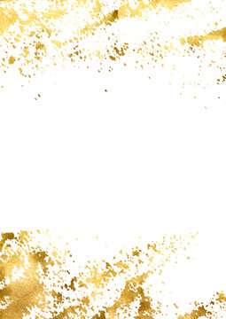 Elegant gold sparkle gold wave background with soft festive light particles. Watercolor gold foil pieces flake. Gold Foil Frame gold splatter frames glitter. Vertical card on transparent background. 