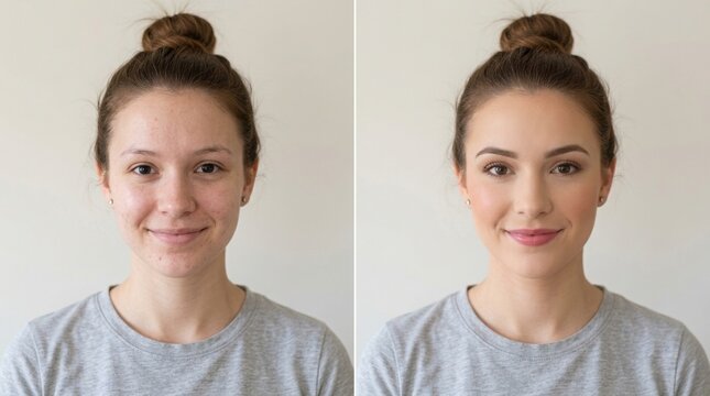 Before and after skincare transformation, Split screen portrait of young european woman showing before and after skincare treatment results, acne reduction, clear complexion, natural lighting, beauty 