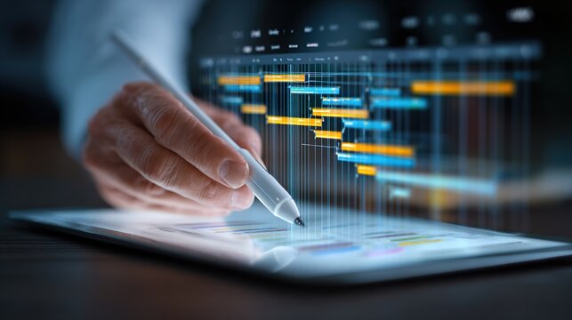 Professional project managers use styluses to operate tablets and interact with a holographically projected Gantt chart scheduling interface. This facilitates digital workflow organization.