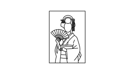 Naklejka premium Japanese Geisha Woman Holding Fan, Traditional Kimono, Elegant Line Art Illustration
