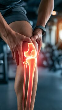 Man holding his knee with glowing joint pain in gym setting, vertical photo	