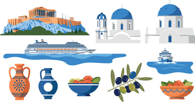 Greece Travel and Cultural Elements Vector Illustration Set