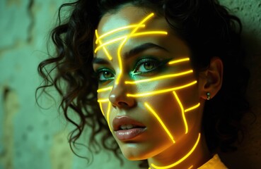 Fototapeta premium Woman face with yellow neon lines glowing. Modern abstract makeup art. Futuristic digital face painting concept. Beauty person with bright lines on skin.