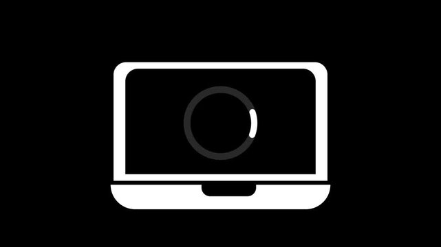 Computer monitor icon animation with loading circle on black background.