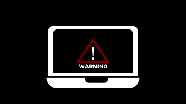 Laptop with warning sign animation on black background.