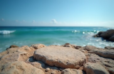 Obraz premium Round stone podium on sandy beach with blurred ocean waves and blue sky. Natural display stage for product placement. Summer vacation backdrop with water.