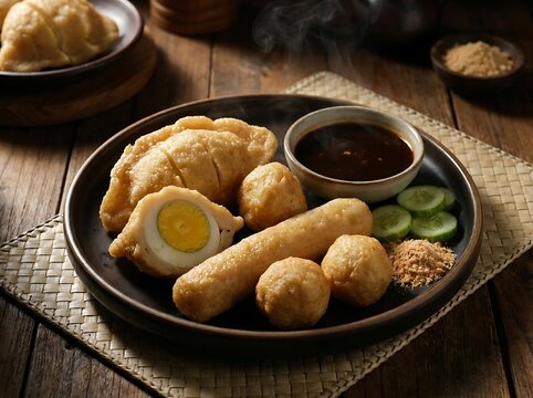 Delicious Palembang dish of pempek served with rich, dark sauce and cucumber slices, alongside sliced hard-boiled egg and fried shallots