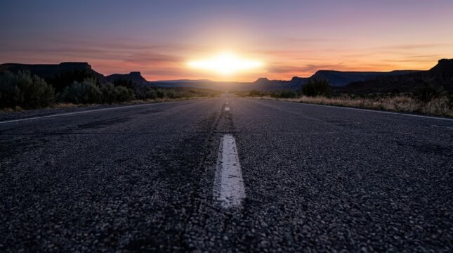 A straight asphalt highway cutting through a barren desert landscape toward a massive, mysterious bright glowing light anomaly rising over the horizon at twilight.