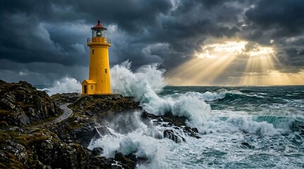 Obraz premium Striking bright yellow lighthouse stands resilient against massive crashing ocean waves under a dramatic stormy sky with piercing sun rays.