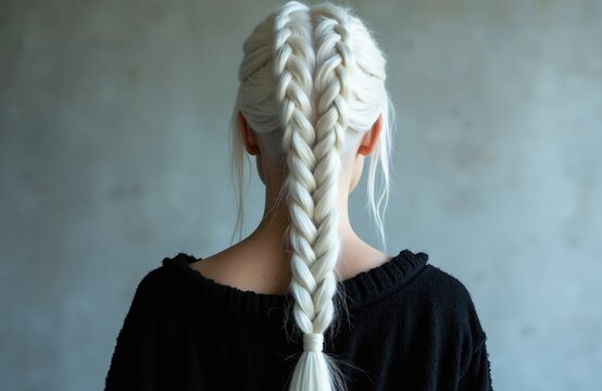 Rear view of woman with blonde hair styled in French braids and a long ponytail. She wears a black top against a textured gray background. Minimalist portrait captures elegance and simplicity.
