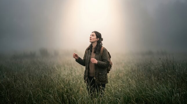 An investigator woman standing in a field of tall grass on a foggy morning, looking up at a bright celestial glow or unexplained atmospheric phenomenon in the sky.