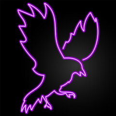 Obraz premium Neon illustration of a flying crow with spread wings and extended talons in a purple glowing outline on a black background.