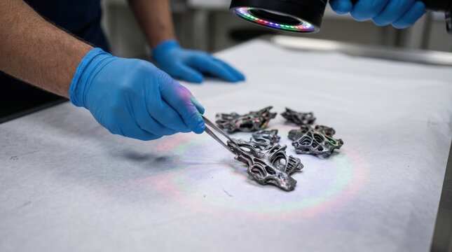 A forensic examiner wearing blue protective gloves uses tweezers to analyze melted metallic fragments of unknown origin under a laboratory ring light.