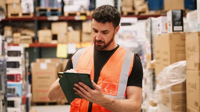 Warehouse worker using digital tablet for inventory management