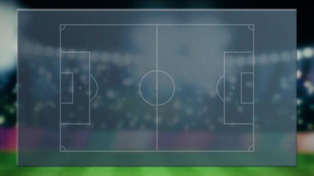 soccer football field pitch markings layout graphic overlay over football stadium background.  TV television sports broadcast style graphics empty template for football team lineup and match graphics 