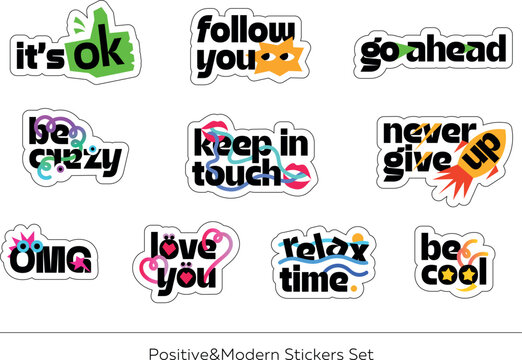 Emotional stickers set for motivation, fun, work. Fancy, positive, modern, bright font mini illustrations for merch, party, web, identity, branding, children, chat, business