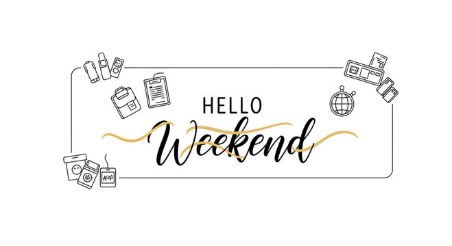 Hello Weekend Typography with Travel and Coffee Icons