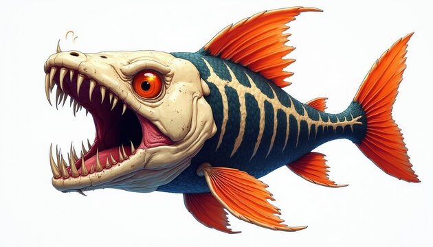 Aggressive predator fish with sharp teeth and orange fins opens mouth wide. Scary sea creature with glowing red eyes is isolated on white background. Danger symbol for ocean, fishing, or marketing.