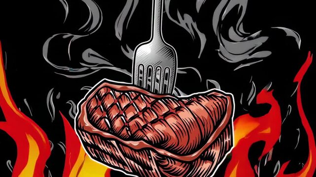 Juicy grilled steak sizzling over a fiery background, held by a fork, smoke rising, perfect for meat enthusiasts and carnivore diet promotions
