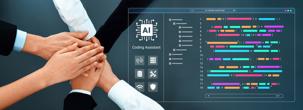 A group of hands join together in collaboration over a coding project, with an AI assistant interface displayed on a digital screen, symbolizing teamwork and innovation in technology. Cyphers