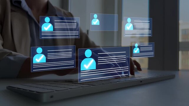 Concept of Human Resources, selection and online application screening process.Business professional reviewing digital CV on laptop, analyzing candidate profiles for recruitment and hiring decisions.	