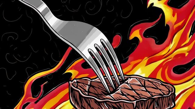 Sizzling silver fork penetrating juicy grilled beef steak with intense flame background, showcasing carnivore diet meal preparation with vibrant culinary intensity