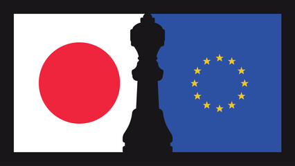 Obraz premium European Union and Japan Match Concept with National Flags and King Chess Piece Vector Illustration