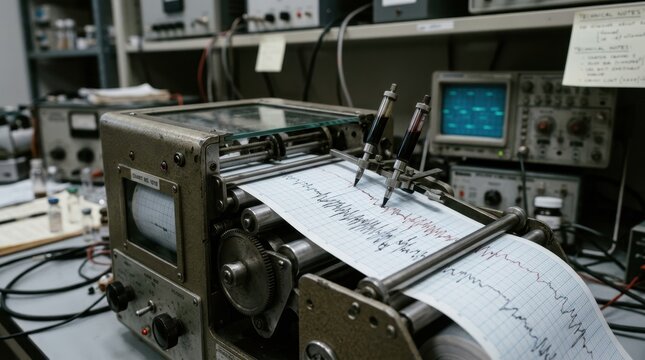 An old electronic laboratory seismograph or lie detector machine actively printing wave tracking patterns and frequency data lines on a rolling grid paper strip.