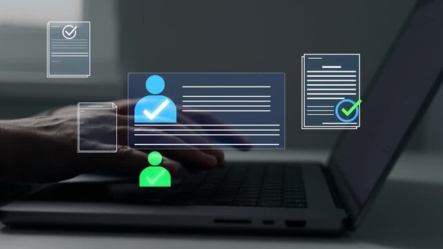 Employee approval process management. Hiring system resume filtering employee candidate.Digital documents with check marks verified staff records and online HR management.	
